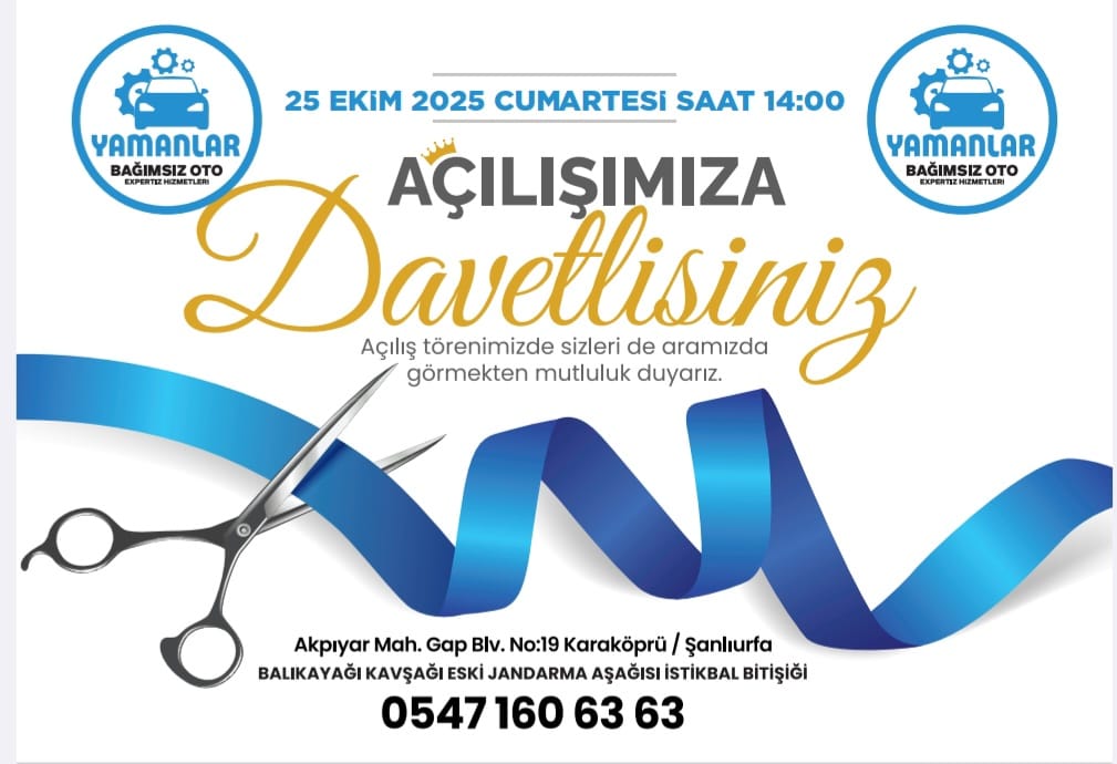 Otomotiv sektörüne güven kazandırmayı hedefleyen Yamanlar Bağımsız Oto Ekspertiz, Şanlıurfa’daki yeni şubesinin kapılarını açıyor. Açılış törenine tüm dostlar davetli.